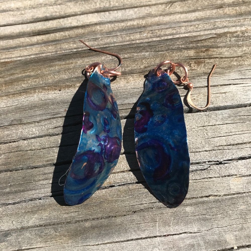 Handmade Solid Copper Earrings Blue Patina Embossed Abstract Circles Bohemian - Picture 3 of 7
